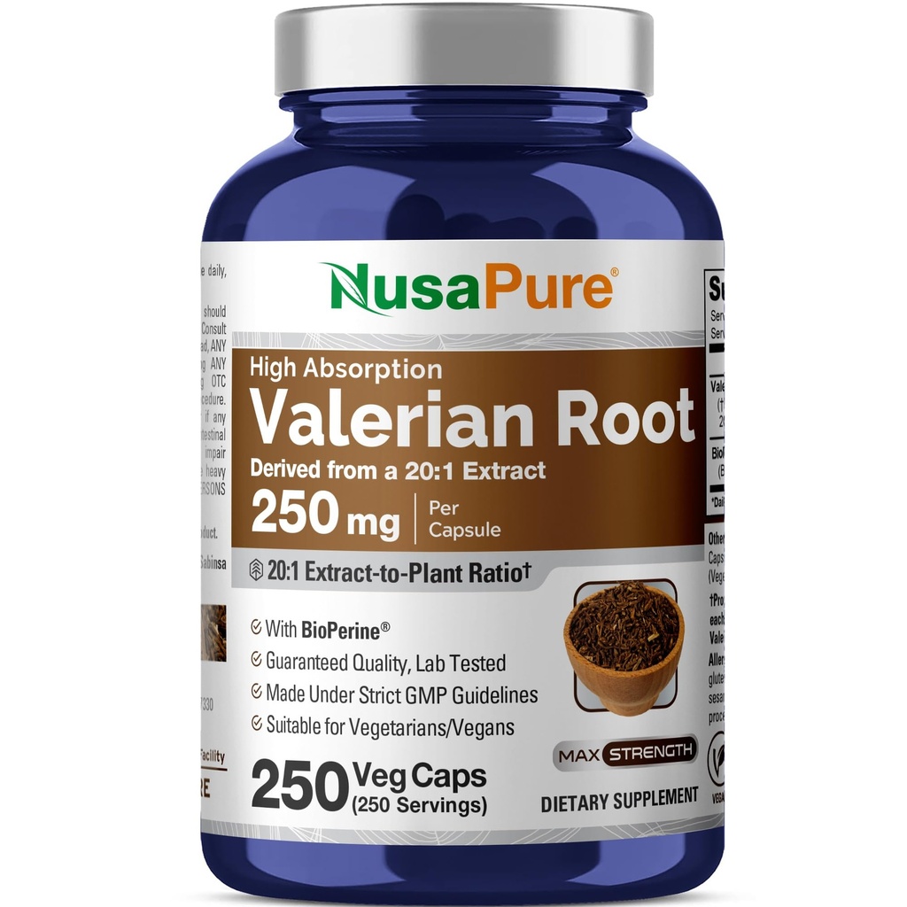 NusaPure Valerian 뿌리 20:1 추출물, Veggie 모자, 250 조사, Vegan, 비 GMO, Bioperine 당 5000mg에 250 mg 동등한