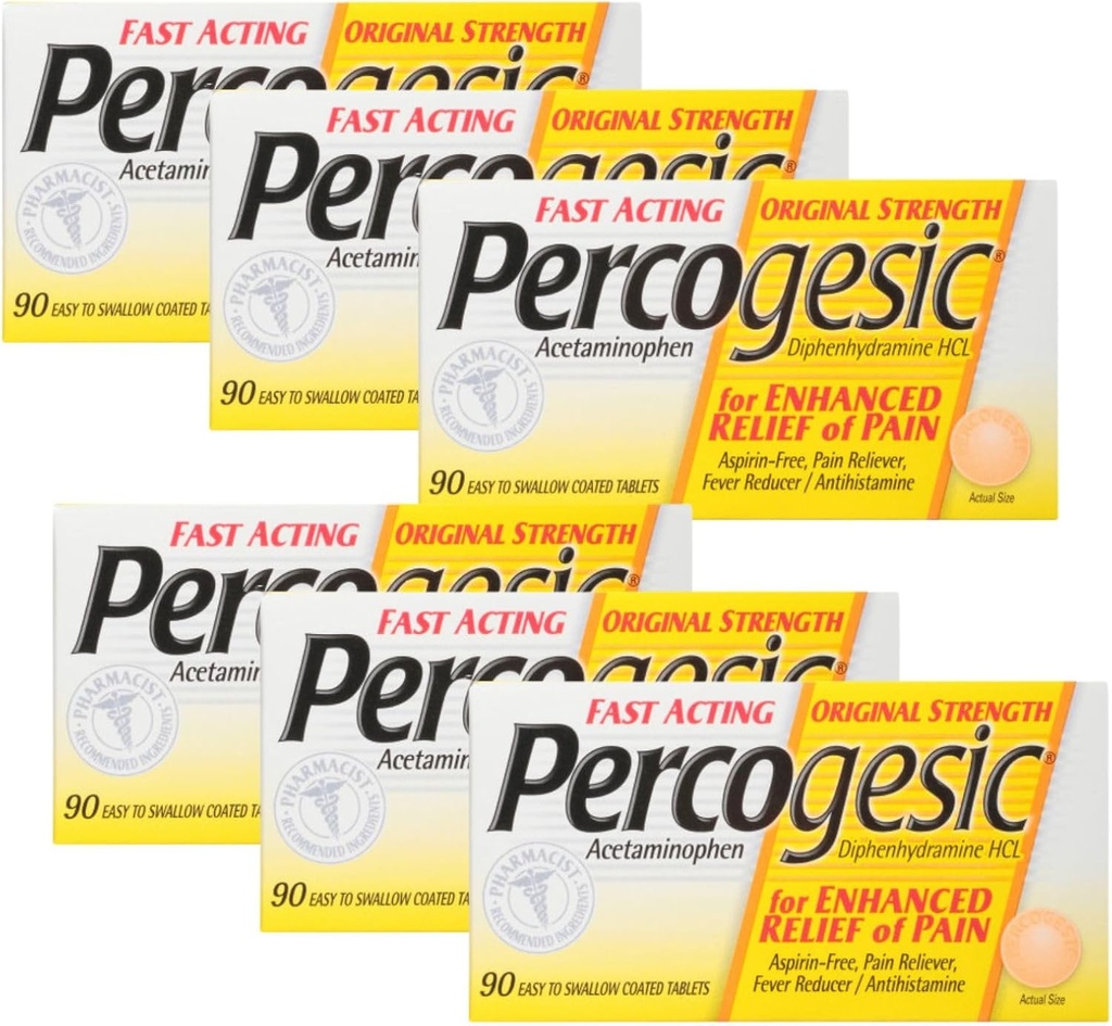 Percogesic Aspirin 자유로운 고통 구호 정제, 본래 힘, Acetaminophen 및 Diphenhydramine, 90 ct (6의 포장)