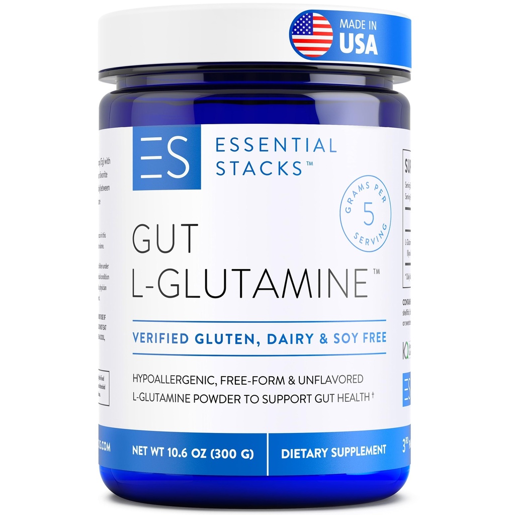 Essential Stacks Gut L-Glutamine Powder - 독점적으로 미국에서 제조 - Gut Health 용 Pure L 글루타민 분말 (60 인분, 불충분)