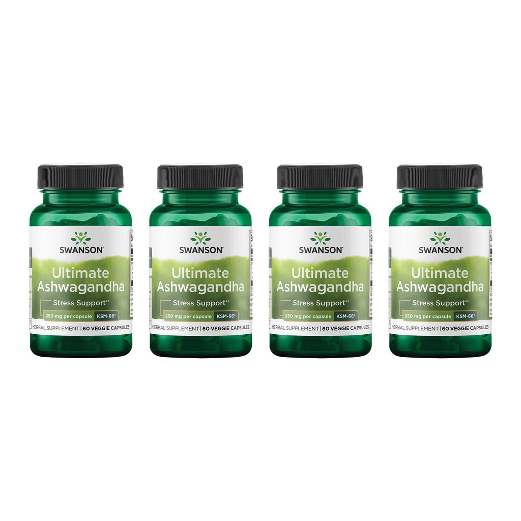 Swanson Ultimate Ashwagandha KSM-66 - 건강한 스트레스 수준을 지원하는 초본 보충 - Calm & Relaxed Mindset을 촉진하는 천연 공식 - (60 Veggie 캡슐, 250mg 각각) (4 팩)