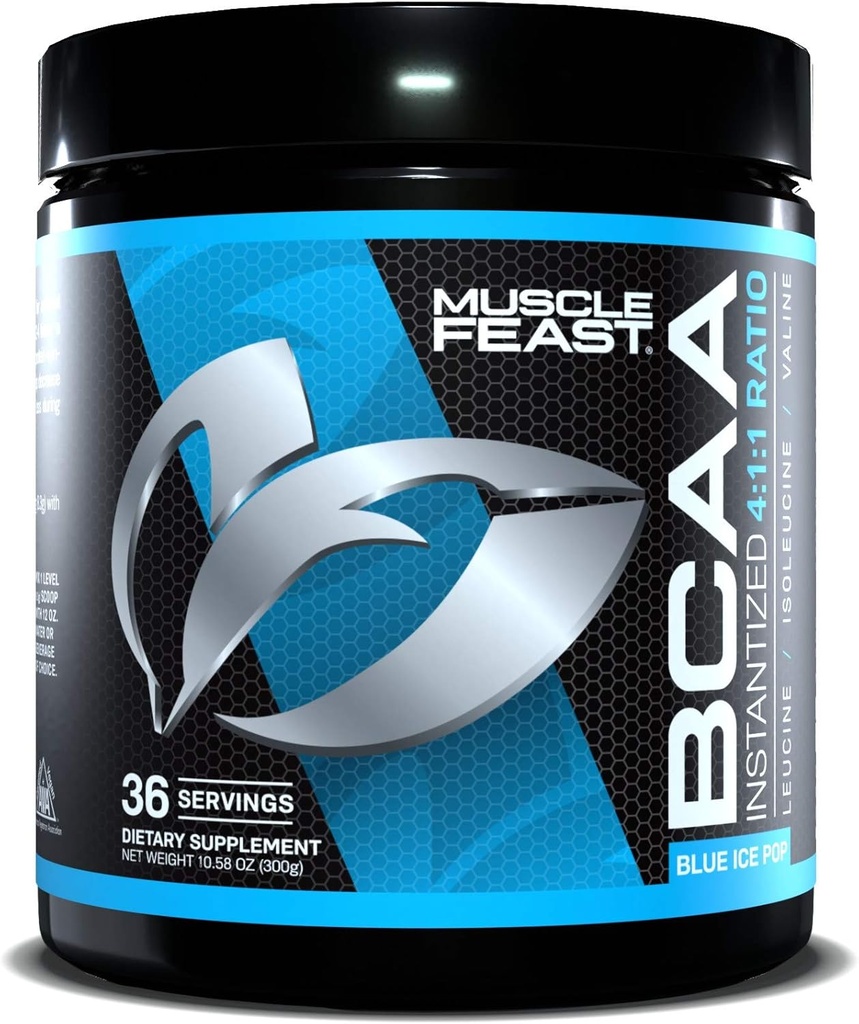 근육 Feast Vegan BCAA 분말 4:1 비율 Keto 친절한 설탕 자유로운 포스트 운동 회복, 파란 얼음 대중 음악, 300g