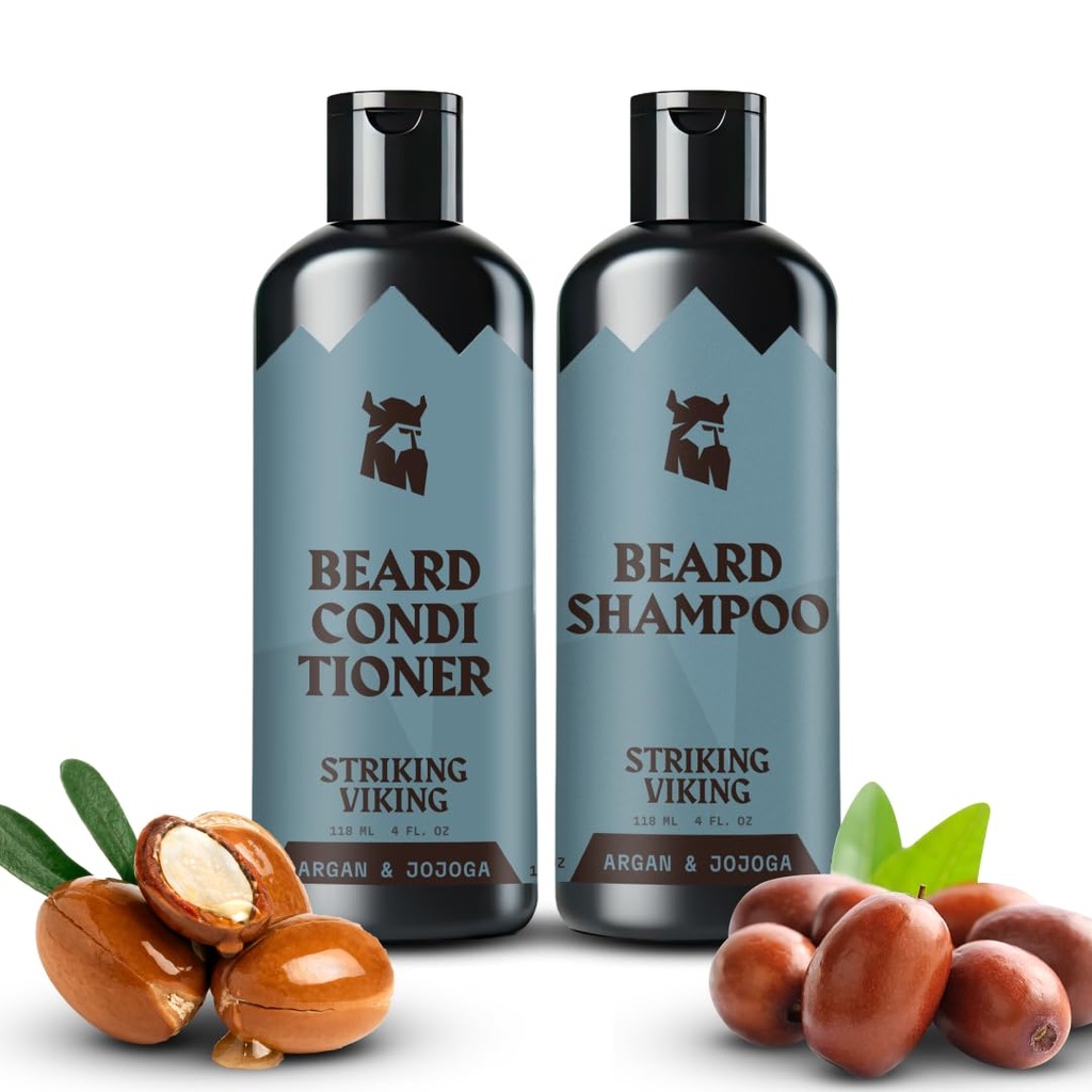 Striking Viking Beard 샴푸와 컨디셔너 세트 – 4 Fl Oz 각각, 신선한 Masculine 냄새 - 남자를위한 Beard 세척 및 컨디셔너 - Argan & Jojoba Oil - 황산염 & Paraben 무료