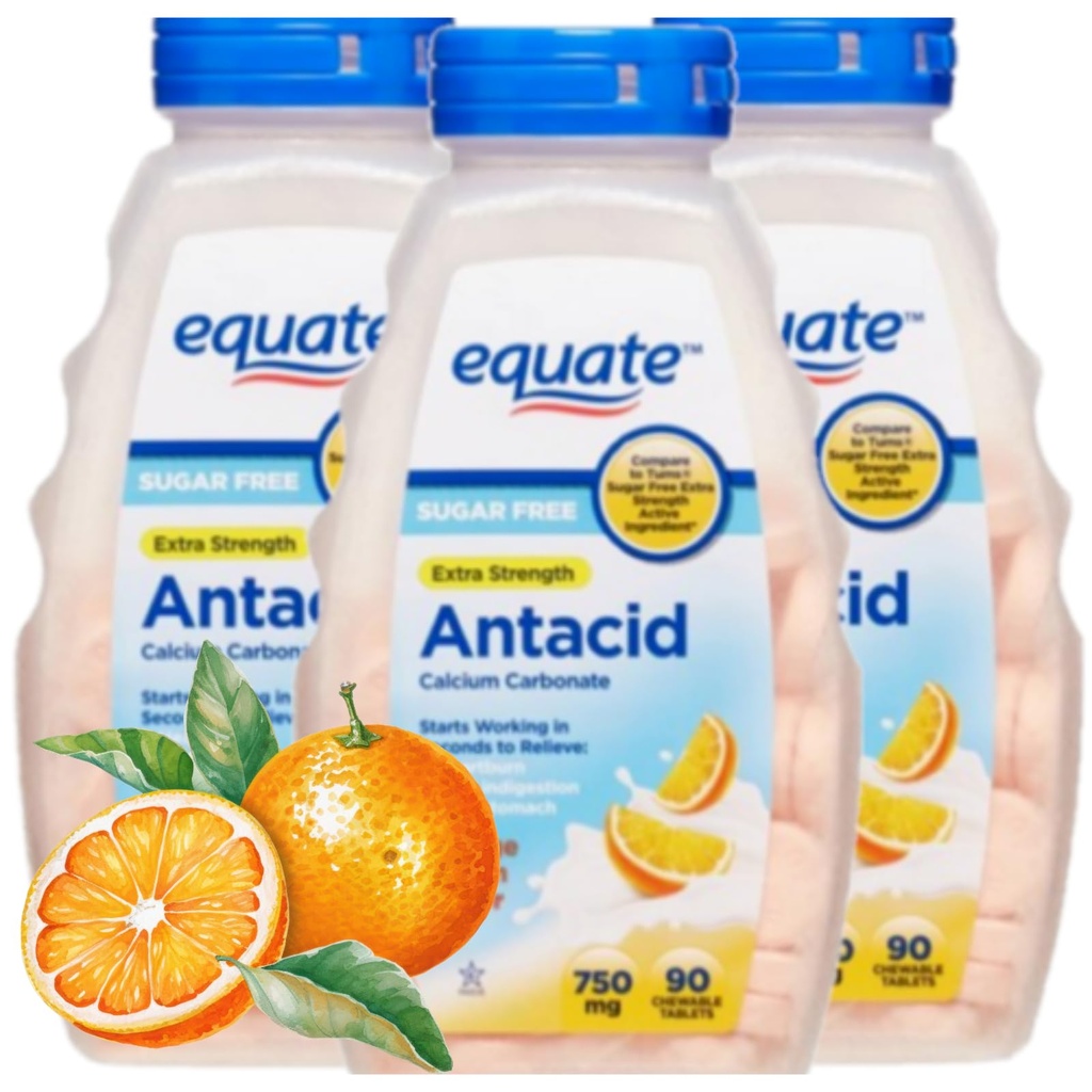 Antacid 정제 설탕 자유로운 여분 힘, 주황색 크림, 칼슘 탄산염 750 mg, 90의 조사 각 (포장 3)