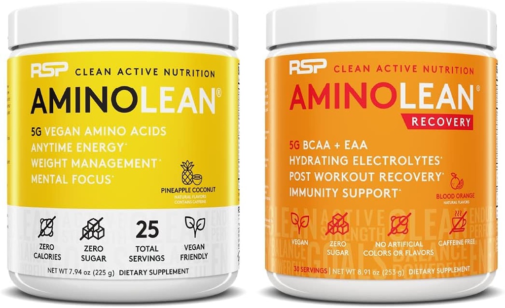 RSP NUTRITION Vegan AminoLean Pre Workout Energy (Pineapple Coconut 25 서빙) AminoLean Recovery Post 운동 부스트 (Blood Orange 30 서빙)
