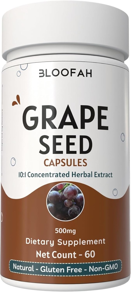 포도 씨앗 캡슐 500mg | 10:1 농축된 추출물 | 천연 초본 보충 | Non-GMO, Gluten-Free | 일일 웰니스 포도 씨앗 분말 (60 개)