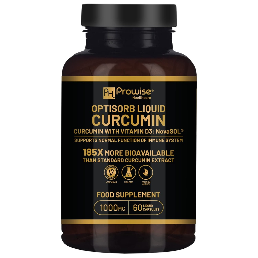 비타민 D - 60 Liqcaps를 가진 Optisorb 액체 쿠르쿠민 | 185x Turmeric & Curcumin Bioavailability - Ultra Bioavailable | 1000mg NovaSOL 매일 노출량을 가진 액체 캡슐 - 영국 제조