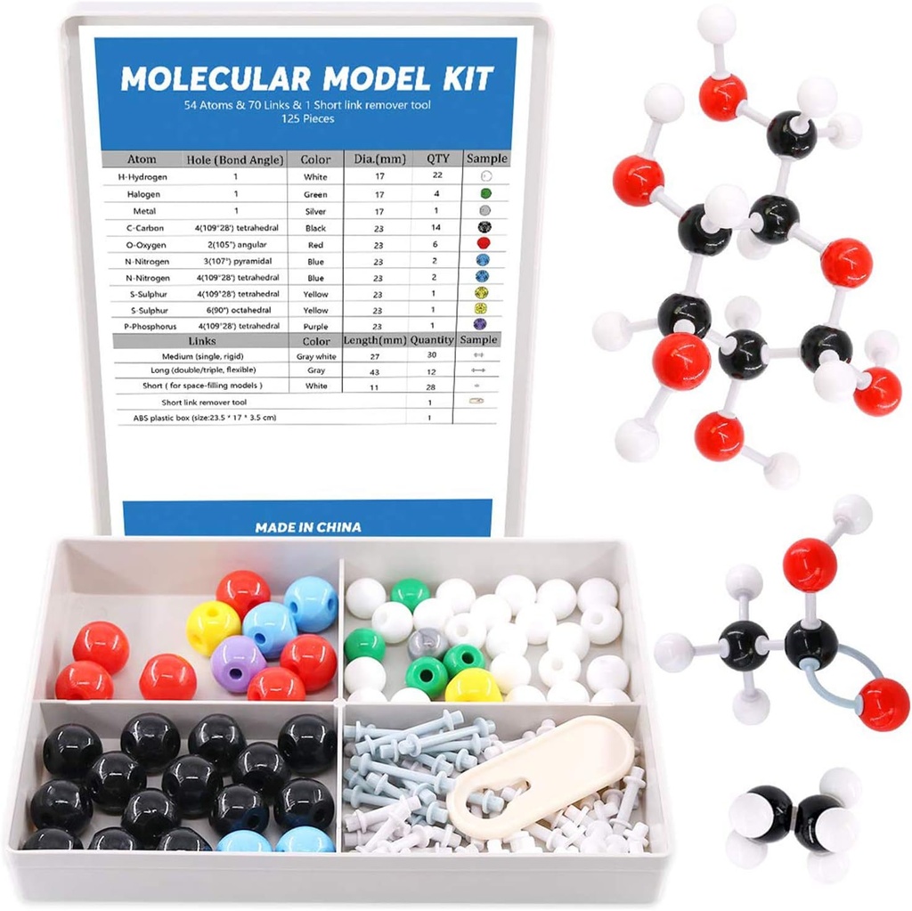 Swpeet 125 PC 분자 모델 키트 무기 및 유기 분자 모델 교사와 16 년 이상 학생 키트 - 54 원자 & 70 링크 & 1 짧은 링크 제거 도구 - 과학 장난감