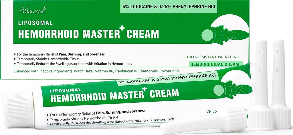 Ebanel 5% 리도카인 치질 처리 크림 Witch Hazel, Phenylephrine, 말 Chestnut, 비타민 B6, 산화 아연, 외부 및 내부 치질 처리 화상 이발 진통 항문 크림