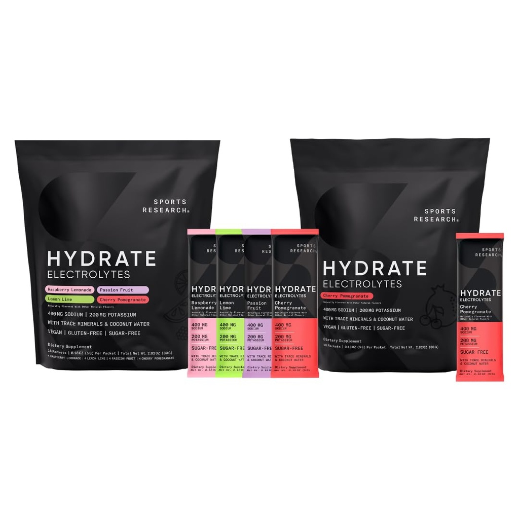 스포츠 연구 Hydrate Electrolytes 콤보 팩 - 설탕 무료 & 비타민, 미네랄 및 코코넛 물로 자연적으로 맛 - 하이드 록시드 - 32 패킷 - Cherry Pomegranate Dominant 풍미