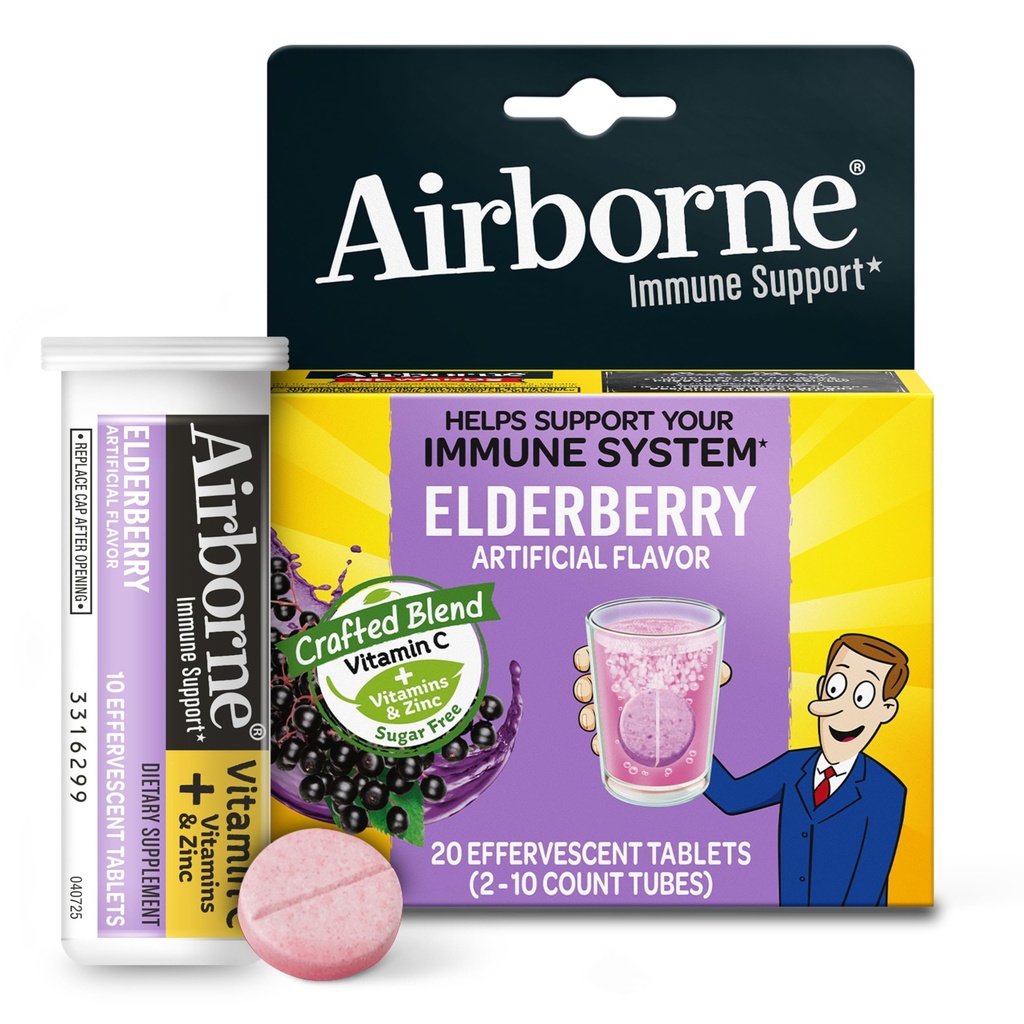 Airborne Elderberry 추출물 + 비타민 C 1000mg (섭리 당) - Effervescent 정제 (상자에 20 개), Gluten-Free Immune 지원 보충교재, 비타민 A C E, 아연, 셀렌, 설탕 무료