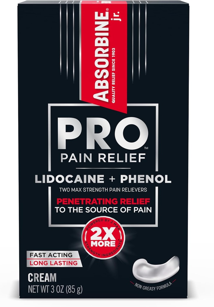 ABSORBINE JR. Absorbine Jr. PRO Max Strength Lidocaine 크림, Nerve Pain, Muscle Aches 및 Joint Discomfort, Non-Greasy Formula, 3oz의 빠른 행동을위한 Phenol과 최대 통증 완화. 튜브, 1