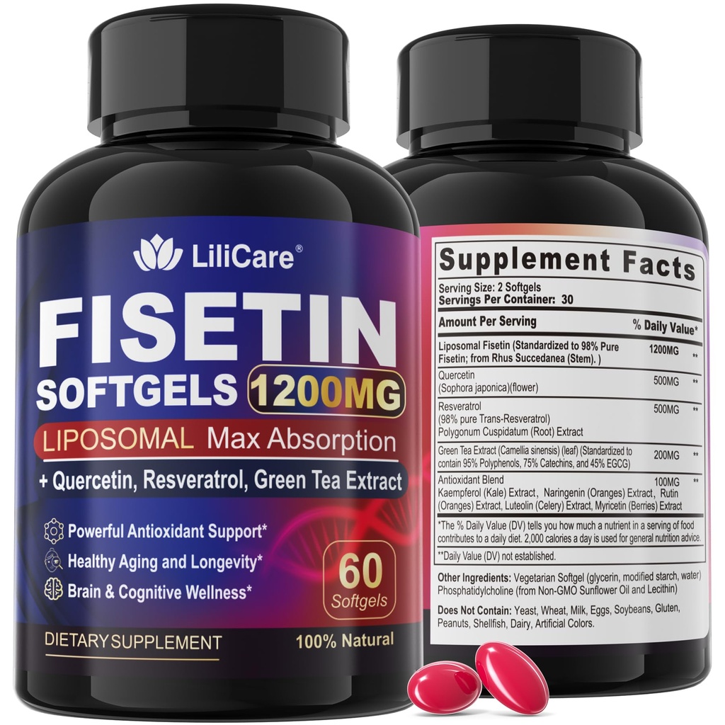 Fisetin 보충교재 - liposomal 최고 흡수 98% Quercetin, Resveratrol, 건강한 노후화 & Longevity, 피부 건강, 뇌 & 항산화제를 위한 녹차 추출물을 가진 순수한 1200mg - 60 Softgels