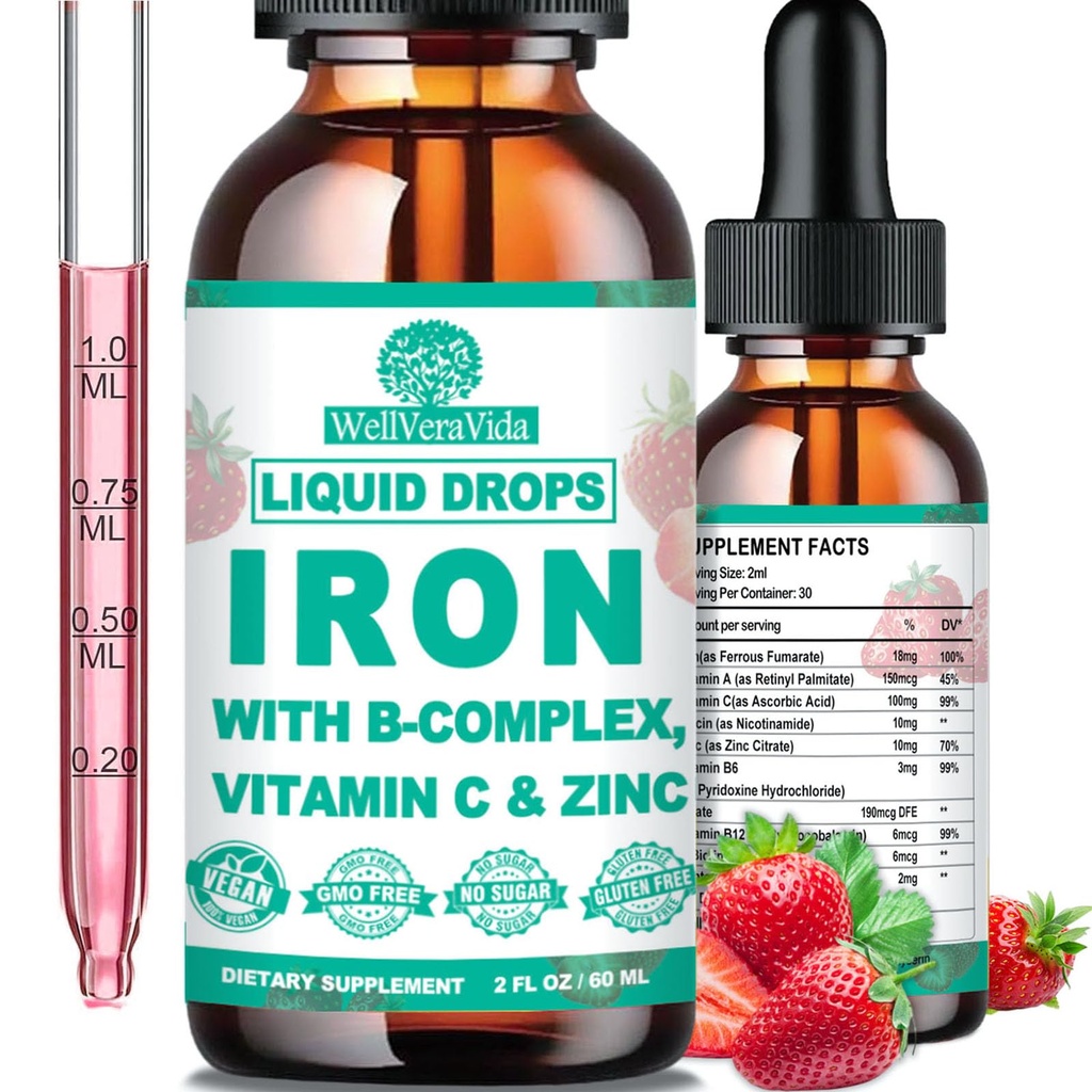 액체 철 보충교재 w/Vitamin C, B 복합물, 높은 힘 철 액체 w. Multivitamin, 여자, 아이를 위한 Vegan 철 하락, 빈혈, 피로, 빨간 혈액 세포 지원을 위한 킬레이트 액체 철 보충교재