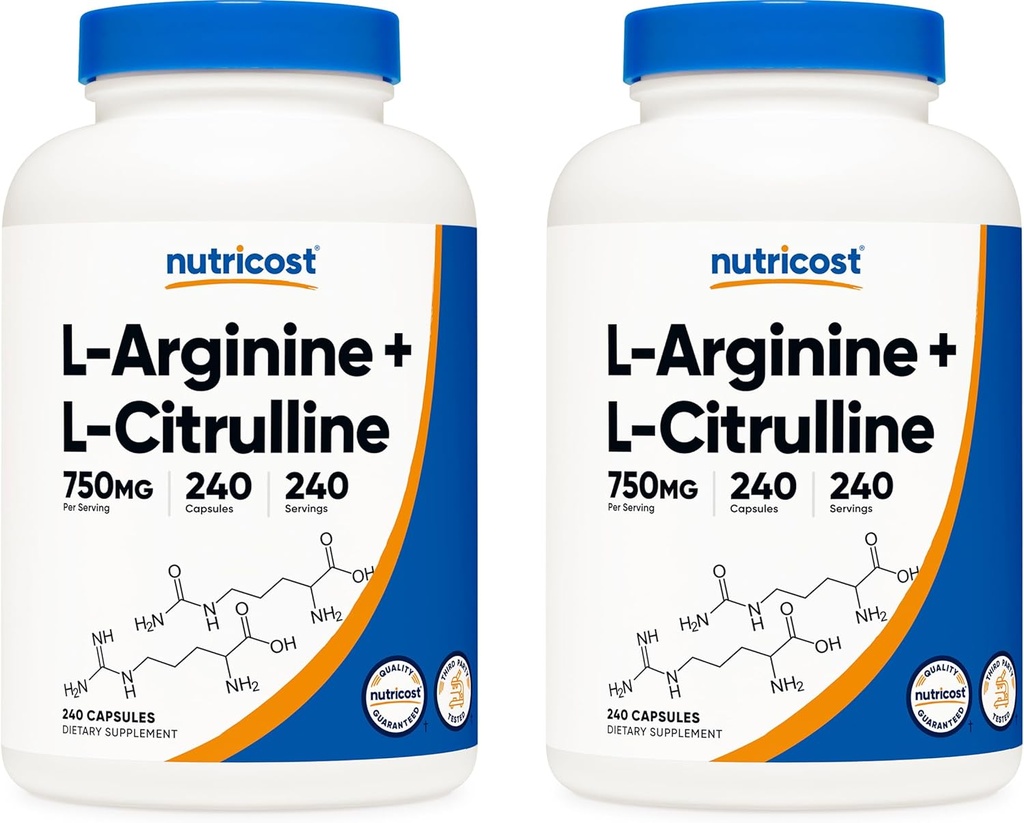 Nutricost L-Arginine L-Citrulline Complex 750mg, 240 캡슐 (2 병) - 비 GMO