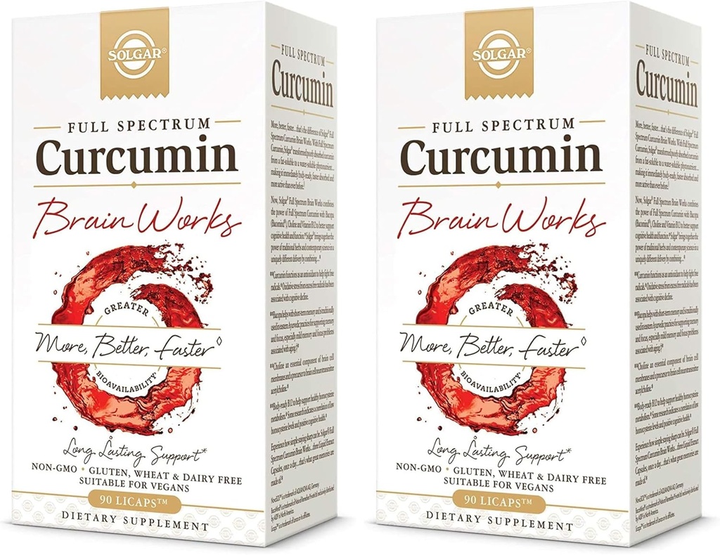 Solgar Full Spectrum Curcumin Brain Works, 90 Licaps - 지원 메모리 리콜, 초점,인지 기능 - 산화 방지제 지원 - Curcumin, BacoMind, Choline, 비타민 B12 - 비 GMO, Vegan - (패치 2)
