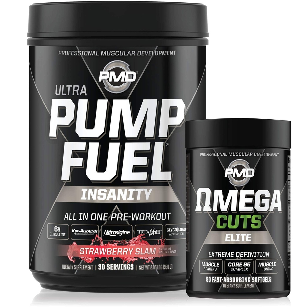 PMD Sports Ultra Pump Fuel Insanity - Pre Workout - Strawberry Slam (30 서빙) Sports Omega Cuts Elite Thermogenic Fat Burner (90 Softgels)