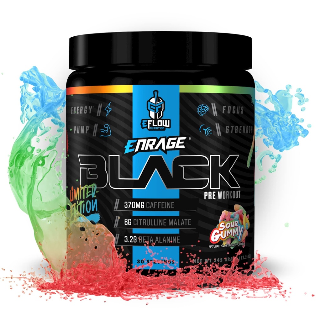 eFlow Nutrition Enrage Black High Stimulant Pre Workout Supplement - 에너지, 펌프 및 강도에 대한 Preworkout Powder - 4 가지 맛 (30 인분) (Sour Gummy)