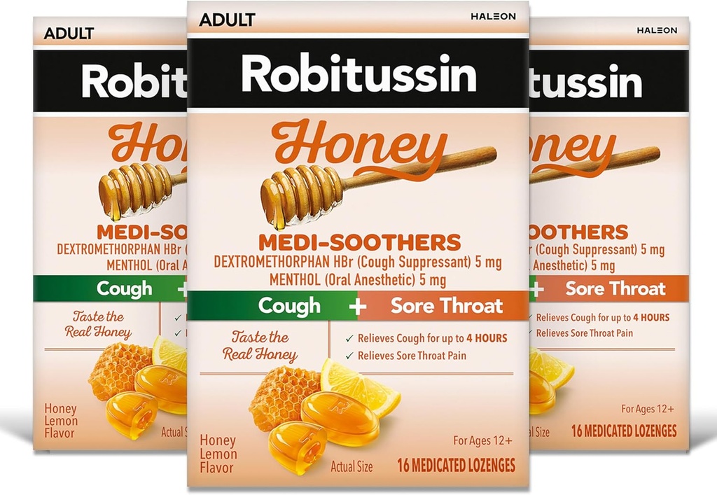 Robitussin Medi-Soothers 꿀 레몬 목장 Lozenges, 오래 견딘 기침 + Sore 목장 통증 완화 - 48 개 (3 x 16ct 팩)