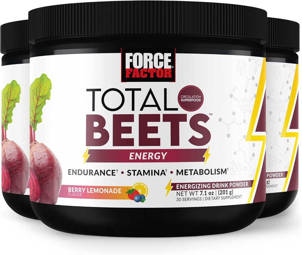 FORCE FACTOR Total Beets Energy Drink Mix 3-Pack, Superfood Beet Root Powder, Nitrates to Boost Energy, Support Circulation, Blood Flow, Nitric Oxide 및 Stamina, Heart Health Supplement, 90 서빙