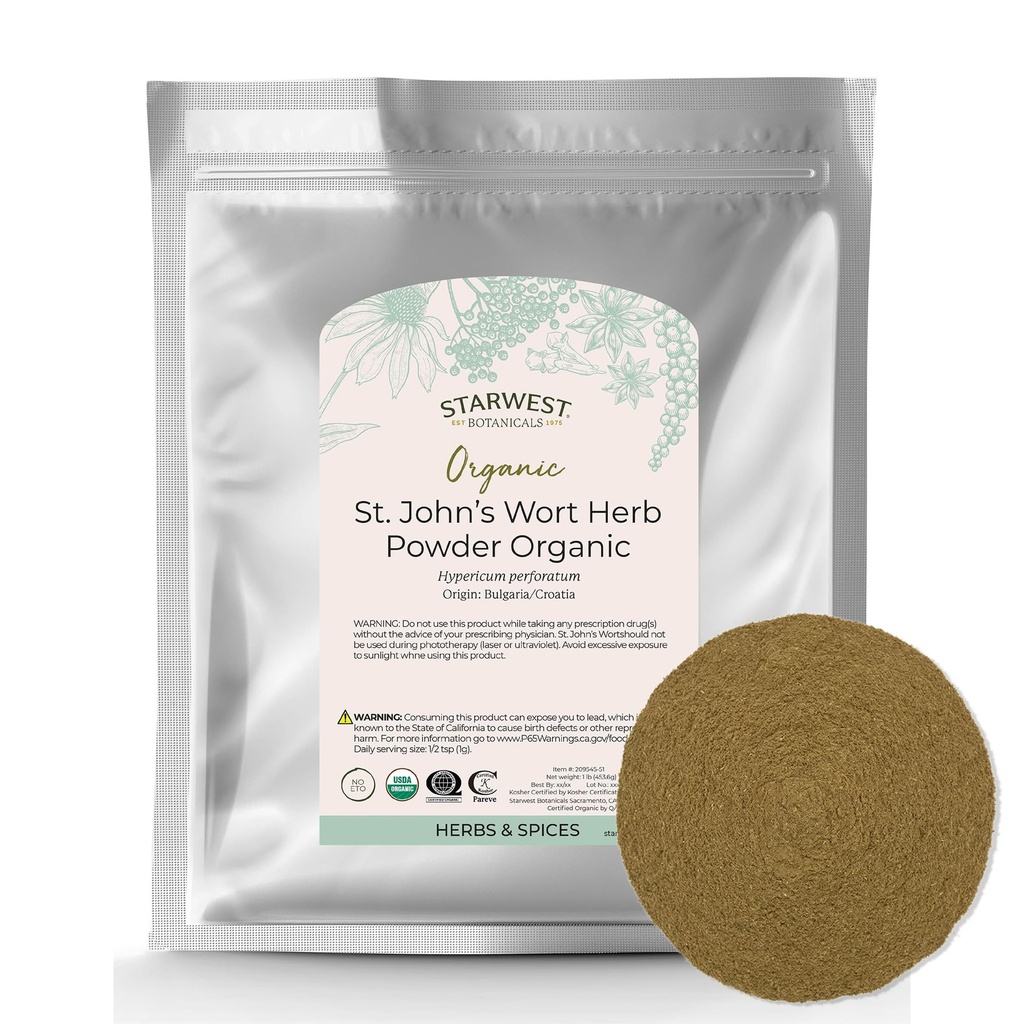 Starwest Botanicals Organic St. John 's Wort Powder - St. John 's Wort Flower, Supports Relaxation, Certified Kosher, Non-GMO - Bulk 1 lb Bag에서 만든 차를위한 건조 허브
