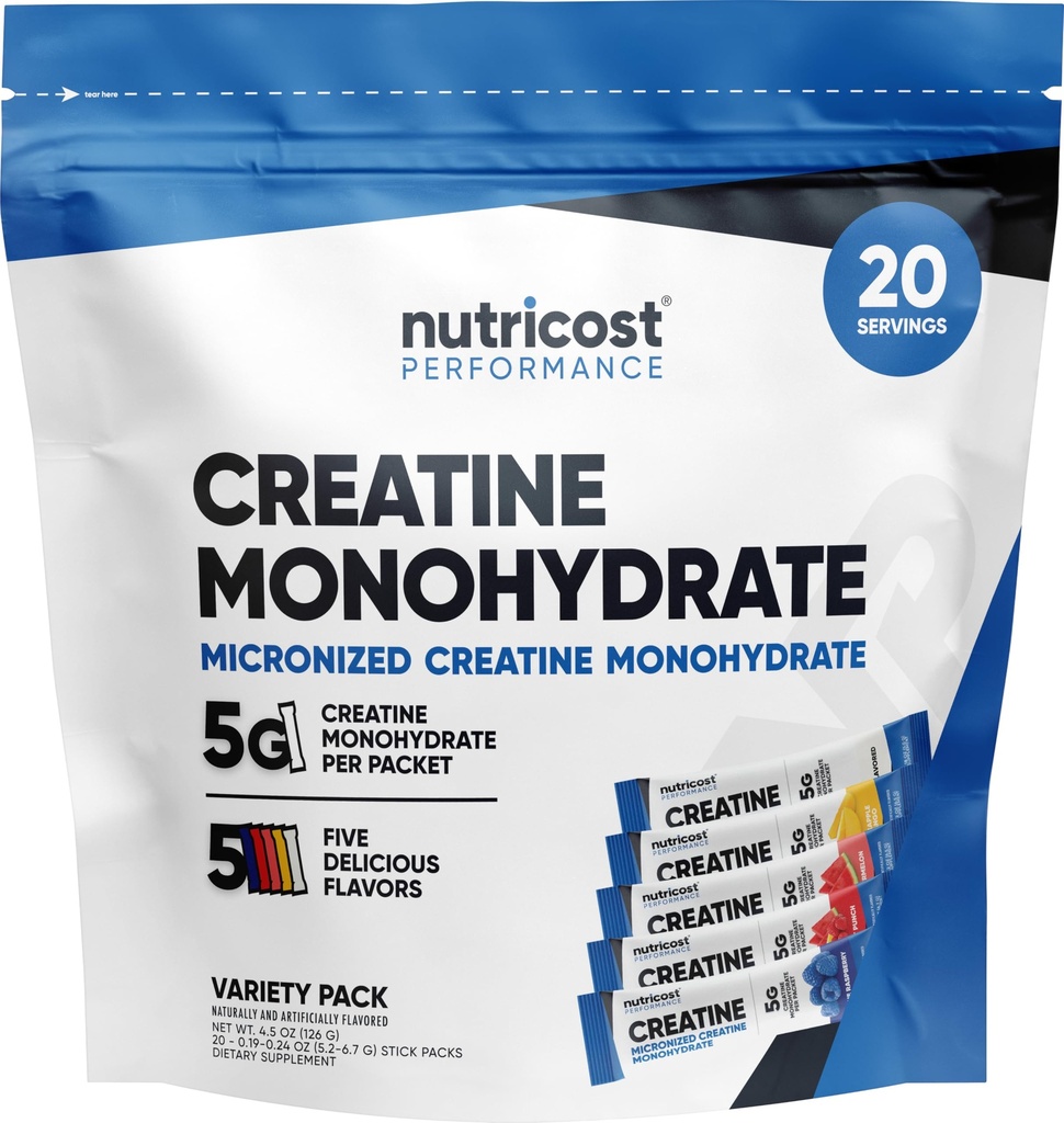 Nutricost Creatine Monohydrate 분말 Variety Stickpacks (5 맛, 20 서빙) - Micronized, 팩 당 크레아틴 Monohydrate의 5 그램