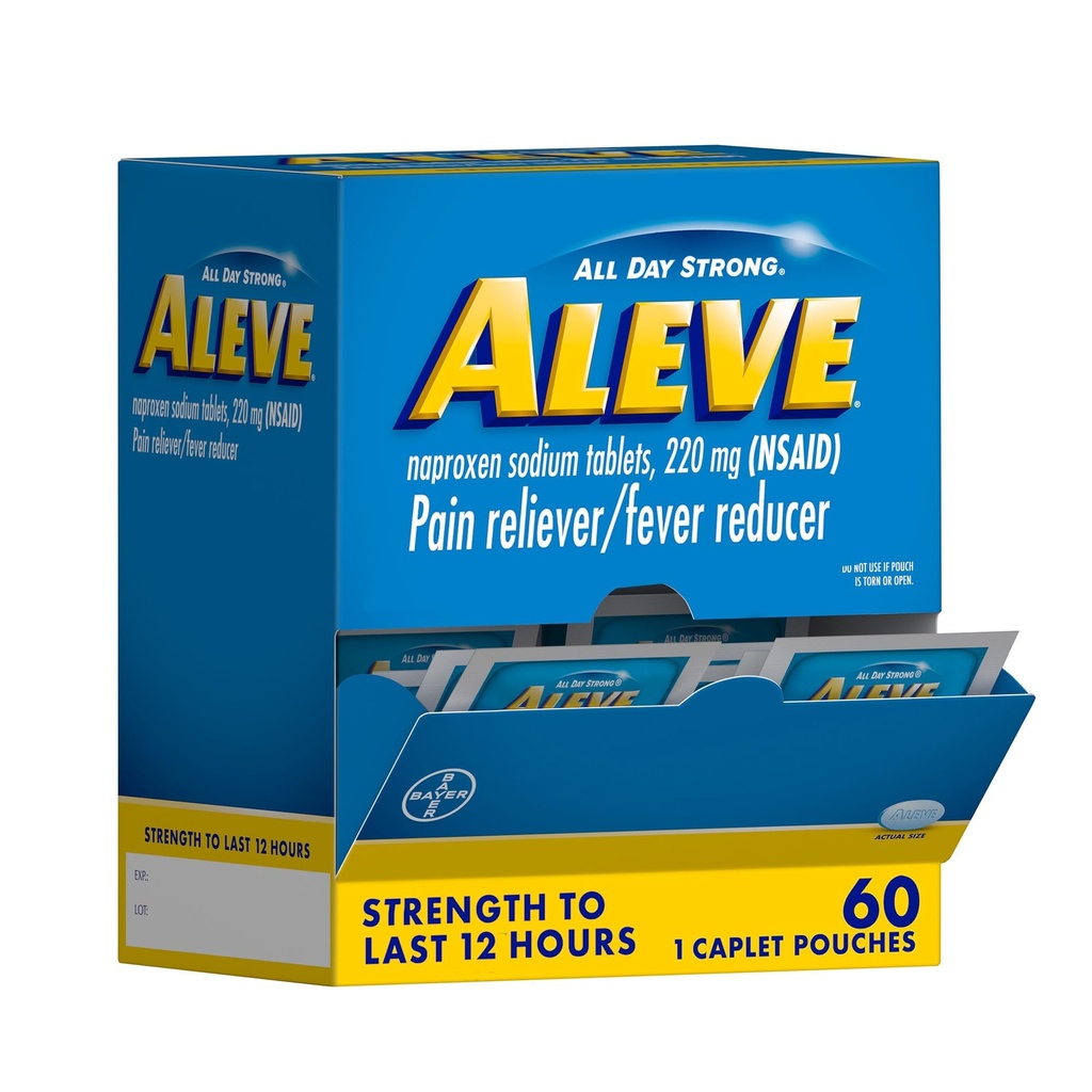 Aleve Pain Reliever & Fever Reducer Naproxen Sodium Caplets, Body and Arthritis Pain Reliever, 성인 및 어린이 연령을위한 의학 12 및 최대 60 개인 파우치