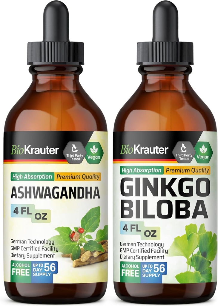BIO KRAUTER Ashwagandha Tincture 4 Fl. Oz. & Ginkgo Biloba Tincture 4 Fl. 오즈.