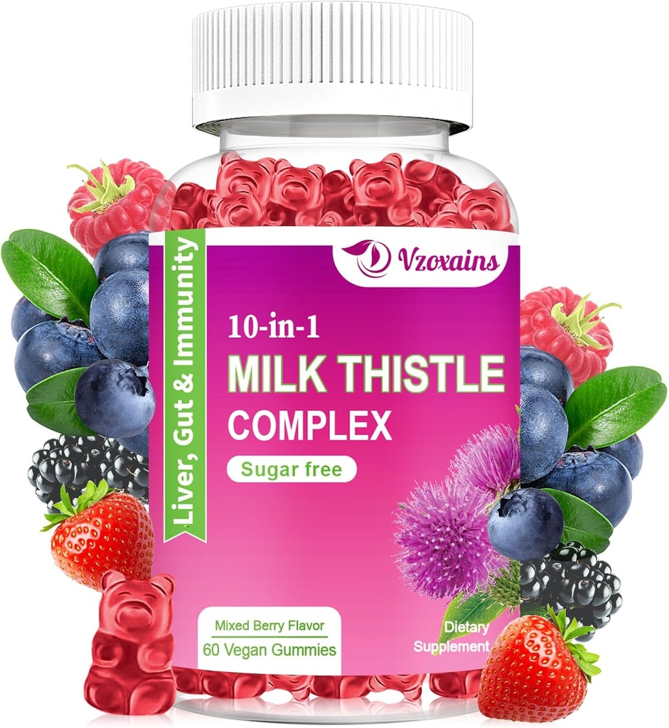 우유 이틀 Gummies, 10-in-1 Liver Cleanse Detox & Dandelion Root, Turmeric, Artichoke - Optimal Liver Function 및 Digestive Health - 혼합 베리 맛