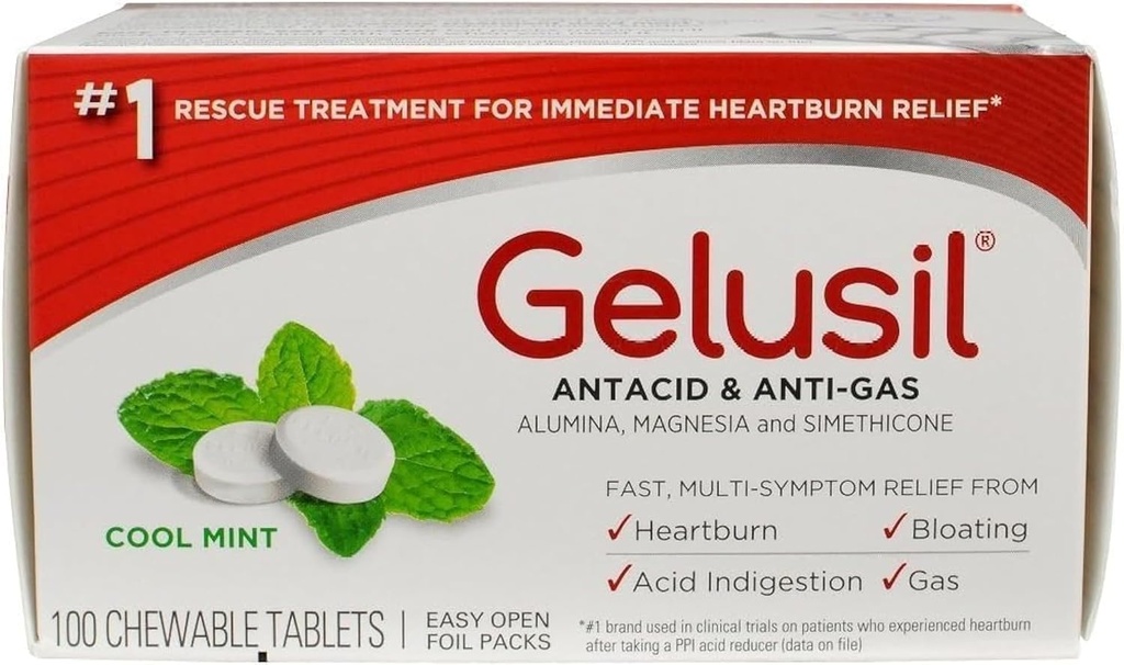 Heartburn Relief, Acid Reflux, Bloating 및 Gas, Cool Mint - 100ct Blister Pack에 대한 Gelusil Antacid 및 안티 가스 정제