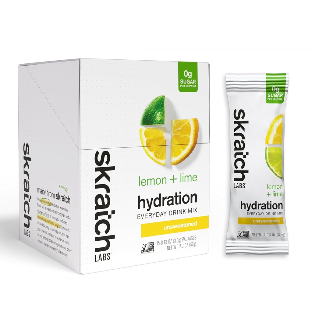 Skratch Labs Unsweetened Electrolyte Powder Packets - 매일 Hydration - 스포츠 음료 혼합 - Sugar Free - Electrolytes Booster- Lemon + Lime - 15 서빙 - Keto, Paleo, Vegan, Non-GMO
