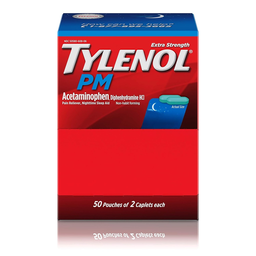 Tylenol PM 여분 힘, 2개의 모자, 분배기 상자 (2의 포장)의 50의 주머니