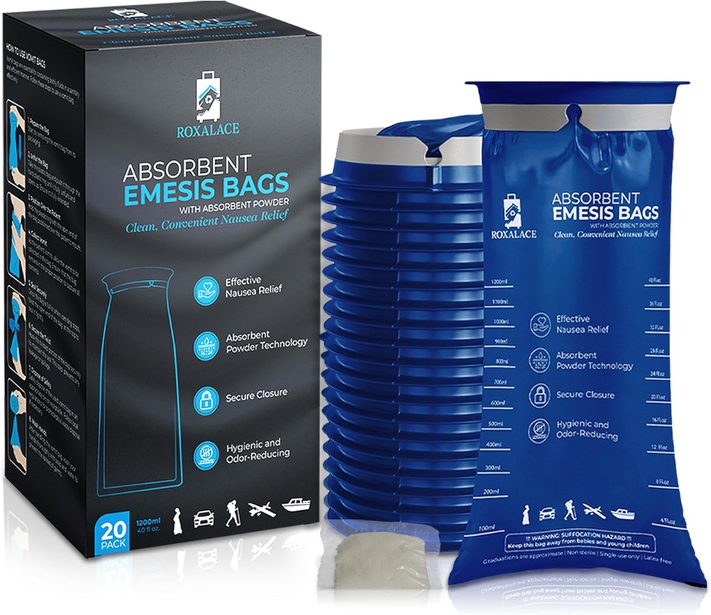 ROXALACE® Emesis Bags with Absorbent Powder for Nausea and Vomiting Relief - 20 Pack 1200ml, Travel-Friendly, Motion Sickness, Morning Sickness, Caregiving 및 Emergencies 용 위생 솔루션