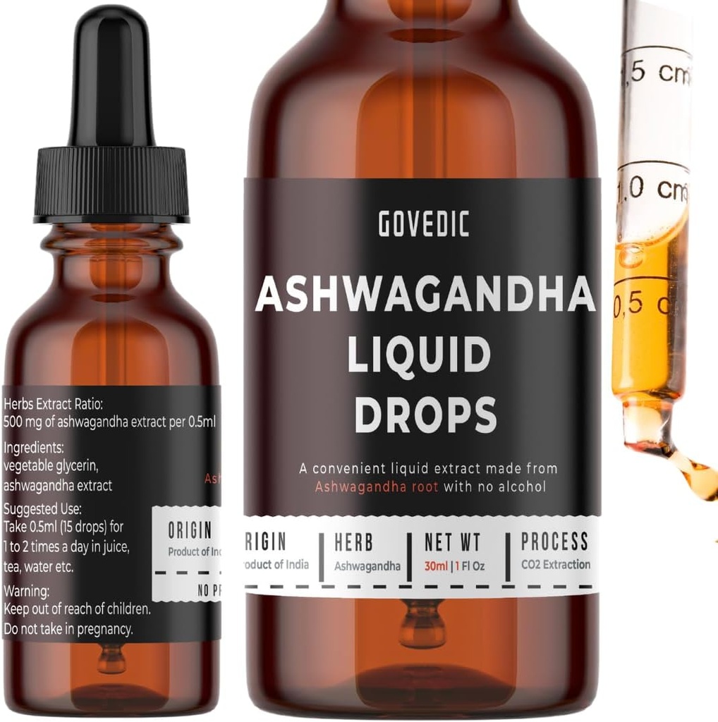 Ashwagandha 액체 낙하 농도 1 Fl Oz 30ml | 500mg 유기농 뿌리 Tincture 추출물 보충 60 인| 스트레스 완화, 에너지 및 면역, 정신 초점, 빠른 흡수
