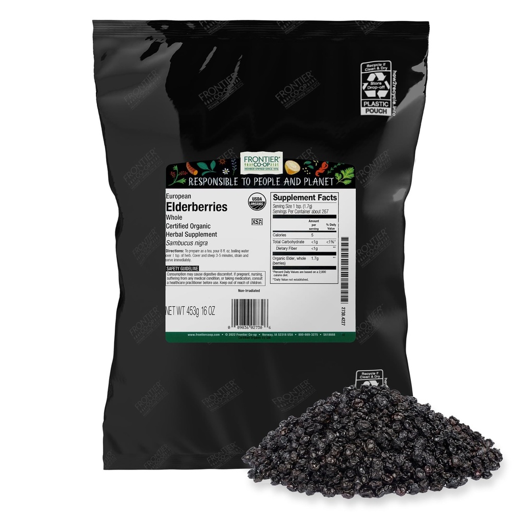 Frontier Co-op Organic Dried Elderberry, 1lb 벌크 백, 유럽 전체 | Kosher 및 Non-GMO 유기 Elderberry Berries Dried, 차, 면역 지원