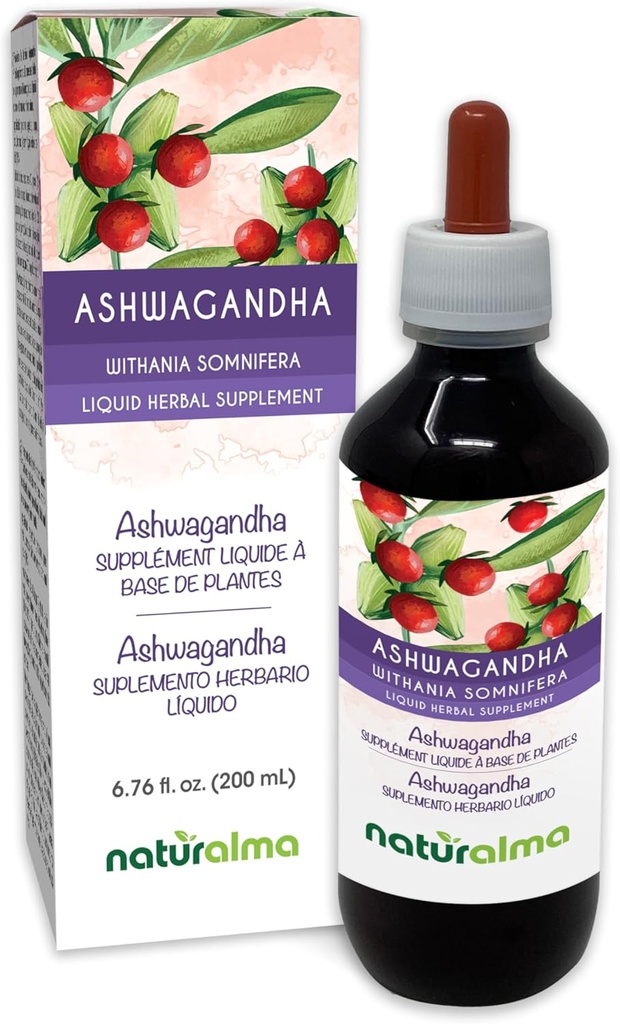 Naturalma Ashwagandha (Withania somnifera) 뿌리 알코올 - 무료 Tincture - 6.76 fl oz 액체 추출물 드롭 - 초본 보충 - Vegan