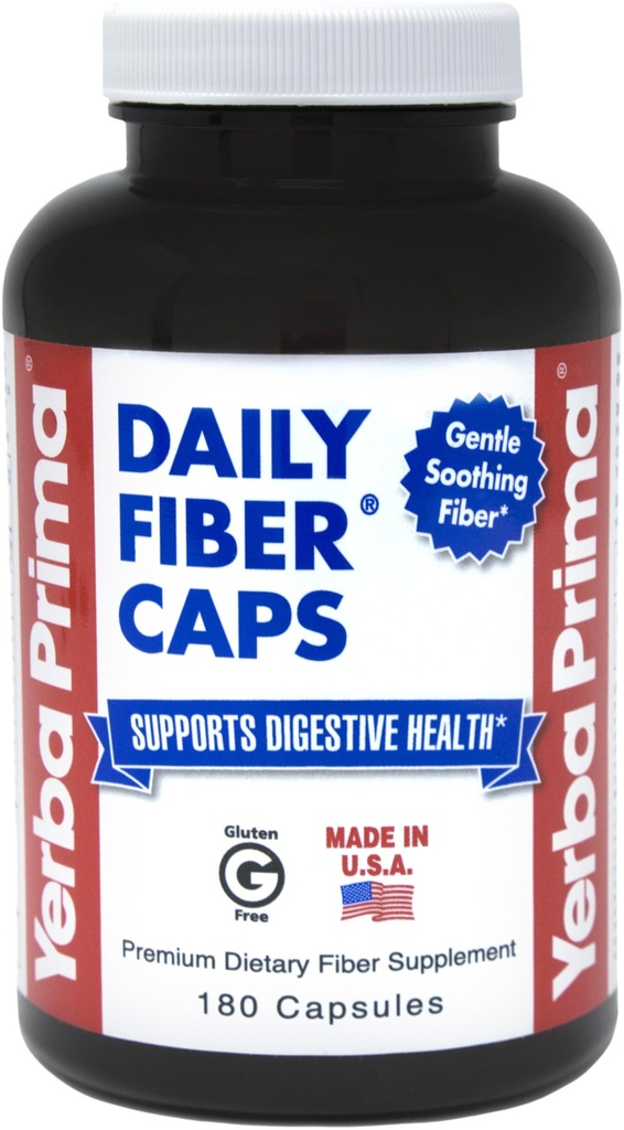 Yerba Prima Daily Fiber Caps - 180 캡슐 - 수용성 및 불용성 규정식 섬유 보충 - Colon Cleanse - Gut Health - Vegan, Non-GMO, 글루텐 프리