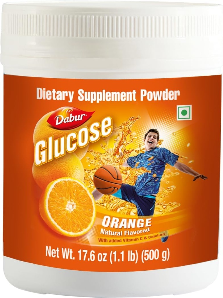 Dabur Glucose - 포도당 분말 - 비타민 D와 칼슘으로 지정 - 맛있는 오렌지 - 500 그램