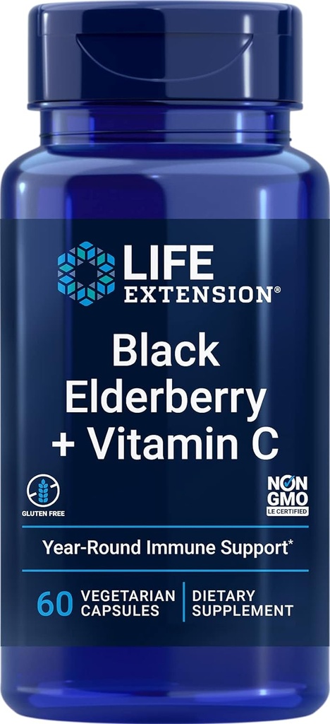 생활 연장 검정 Elderberry + 비타민 C, Elderberry & 비타민 C에서 매일 면역 지원, 글루텐 무료, 비 GMO, 채식주의, 60 캡슐