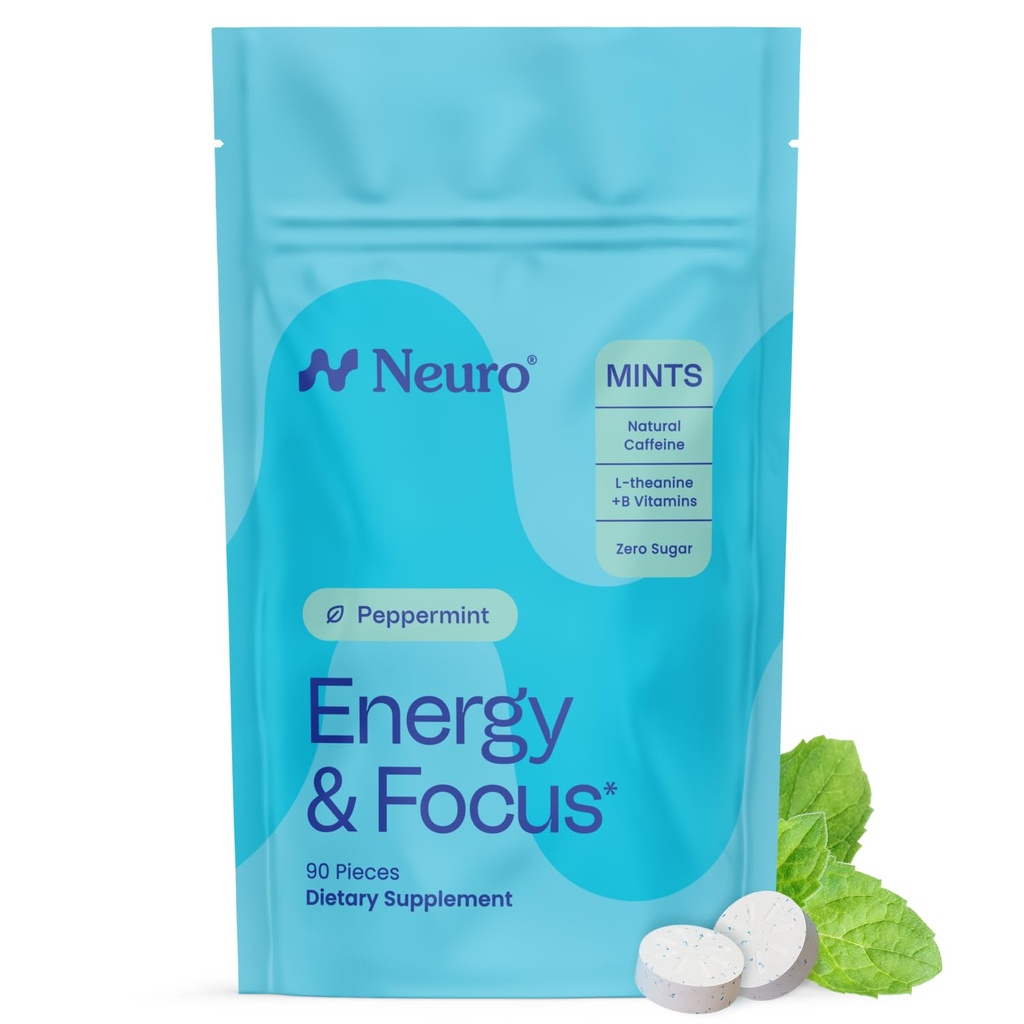 NeuroGum Energy & Focus Mints (90 Count Bag, Peppermint) | 40mg 천연 Caffeine + L-Theanine + 비타민 B12 & B6 | 설탕 무료 Nootropic Cognitive 두뇌 성능 보충