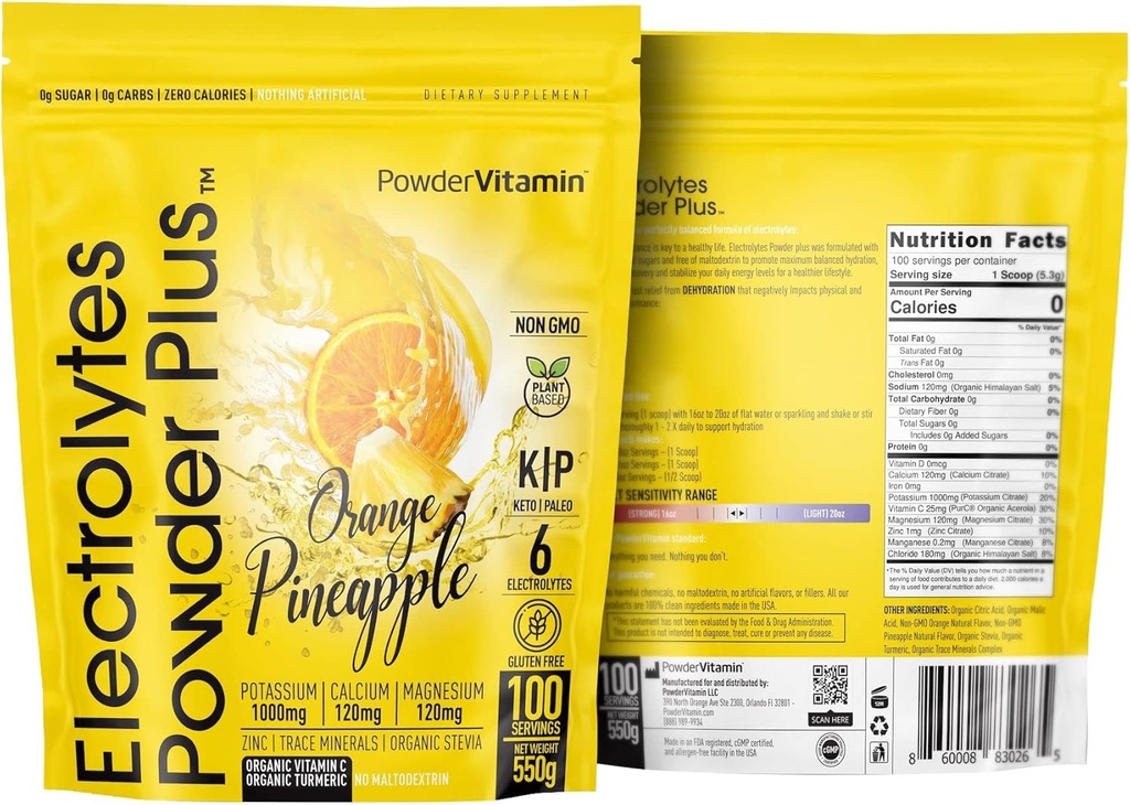 PowderVitamin Electrolytes 분말 플러스 (100 인분) 오렌지 파인애플 전자 분말 Zero Calorie, Keto, 0 설탕, Maltodextrin 없음, 1000mg 칼륨, 120mg 칼슘, 120mg 마그네슘, 히드라 션 분말