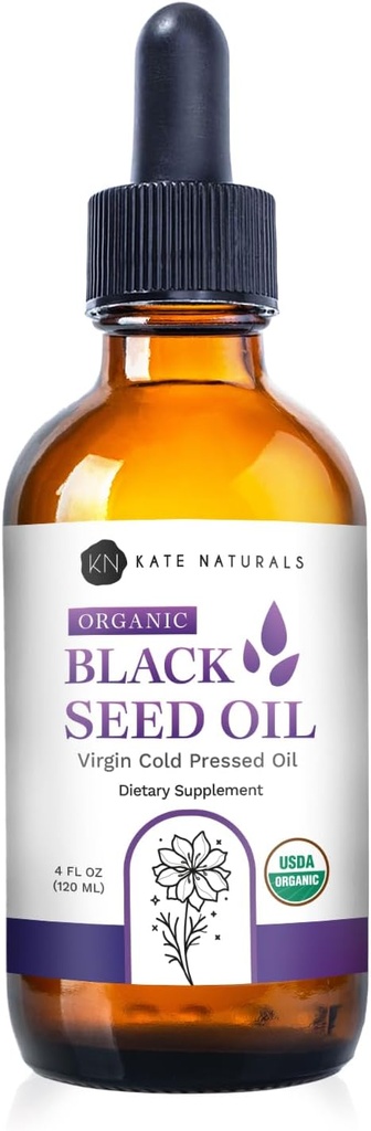 Kate Naturals Organic Black Seed Oil (4oz, Virgin, Cold Pressed, Non-GMO) Immune Support & Digestion 용 액체 Nigella Sativa. 머리와 피부를 위한 순수한 Blackseed Cumin 기름