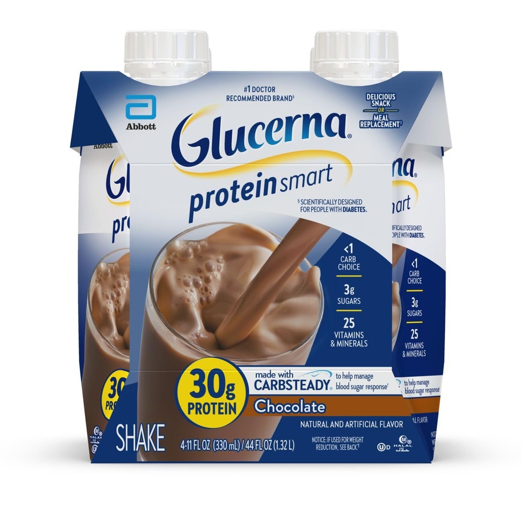 Glucerna Protein Smart Diabetes Care Shake, Chocolate, Diabetic Meal Replacement to Support Blood Sugar Management, 30g Protein, 150 칼로리, 음료 준비, 11-fl-oz Bottle, 4 팩