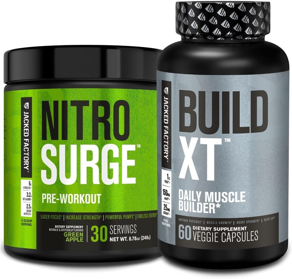 Green Apple의 Jacked Factory Nitrosurge Pre-Workout & Men & Women을위한 XT 근육 건물 번들 구축