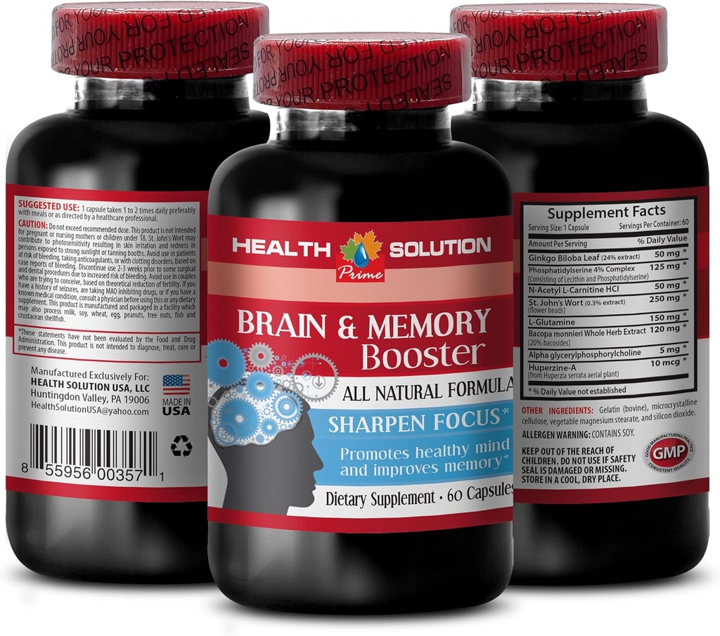 Ginkgo biloba 추출물 잎 - BRAIN 및 MEMORY BOOSTER - 개선 - 뇌 메모리 보충 - ginkgo biloba 추출물, 메모리 및 초점, 초점 및 에너지 보충을위한 뇌 보충 1 병 60 캡
