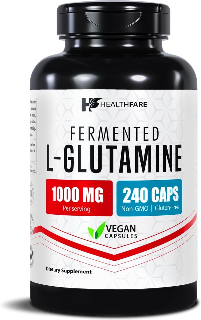 HealthFare L 글루타민 1000mg | 240 Vegan 캡슐 | 추가 강도 아미노산 보충 | 소화 균형, 영양 흡수 및 근육 회복 지원 | Non-GMO, 글루텐 프리 | 미국제