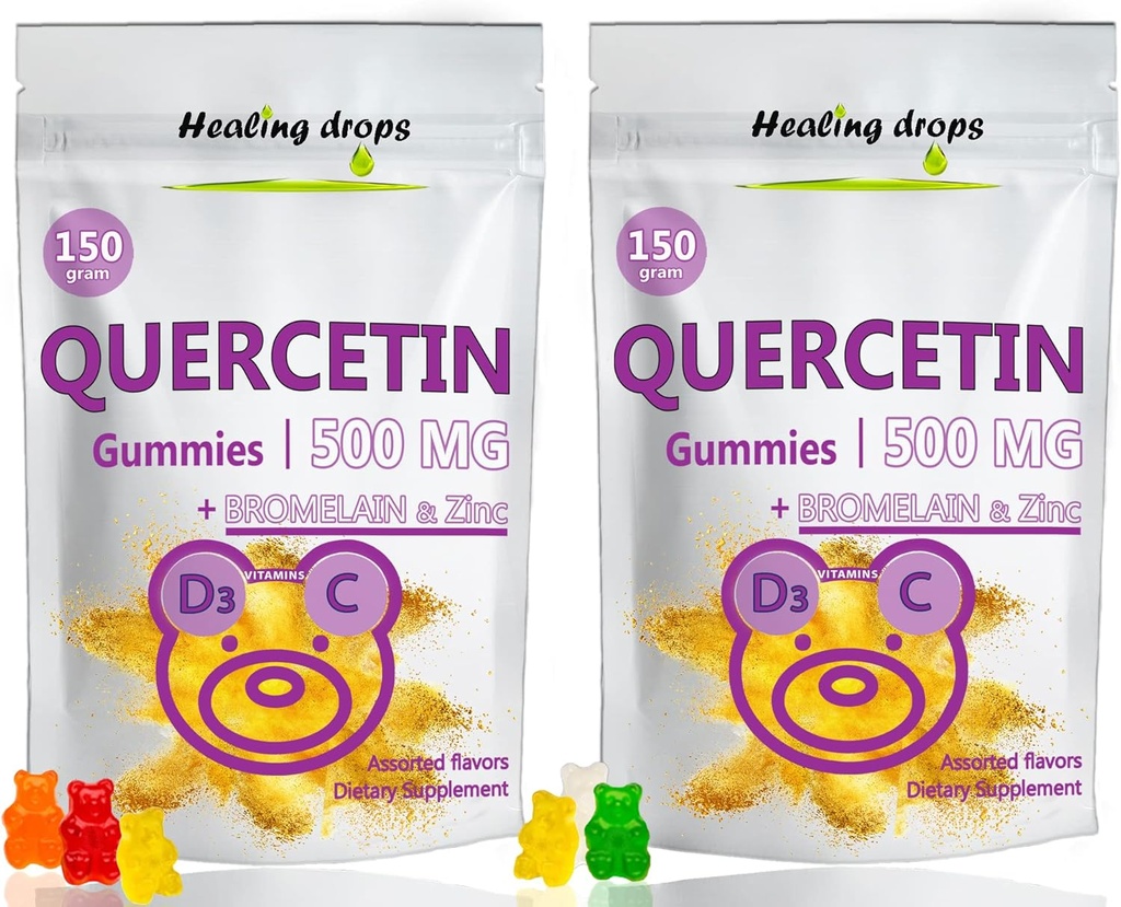 Bromelain Gummies가있는 Quercetin - 비타민 C + 아연 + 비타민 D3 - 어린이와 성인 (2 팩)을위한 Quercetin 500mg Gummies