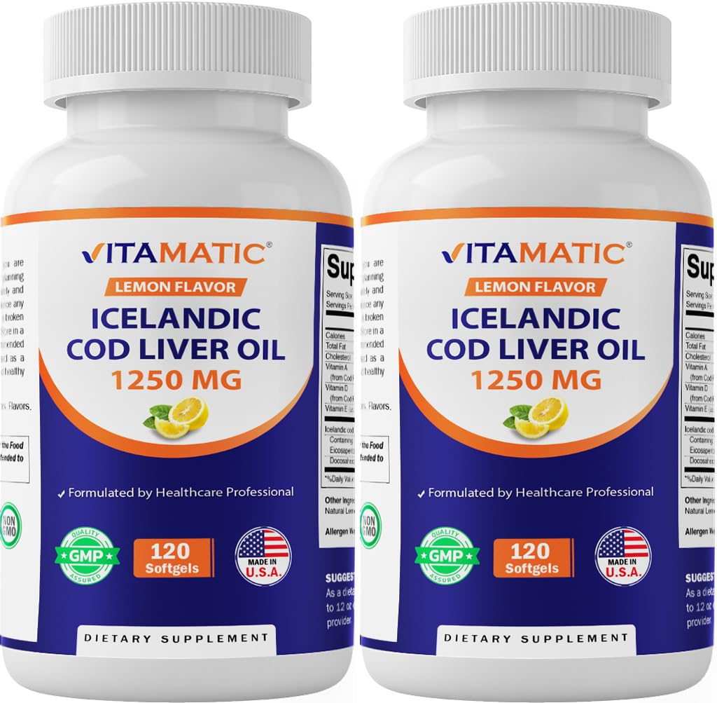 Vitamatic 2 팩 아이슬란드어 Cod Liver 기름 캡슐 1250mg 120 Softgels (레몬 풍미) - 심장 혈관 건강을 승진시킵니다