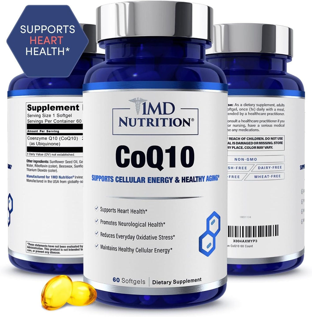 1MD Nutrition CoQ10 - 심장 건강 및 세포 에너지 생산을위한 - 남성 및 여성을위한 건강 보충 - Coenzyme Q10 Softgel - 60 일