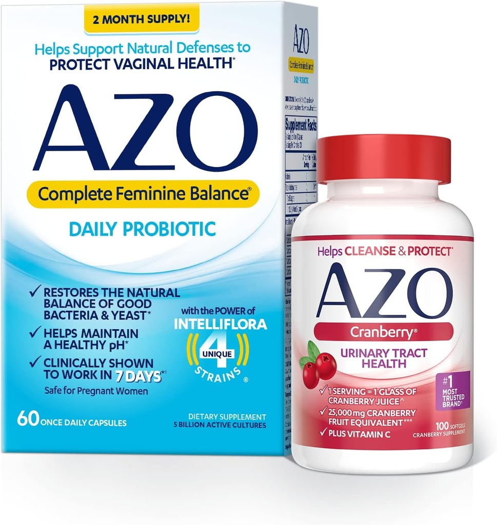AZO는 여성 (60 조사)를 위한 Feminine 균형 매일 Probiotics + Urinary Tract 건강 (100 조사)를 위한 Cranberry Softgels를 완료합니다