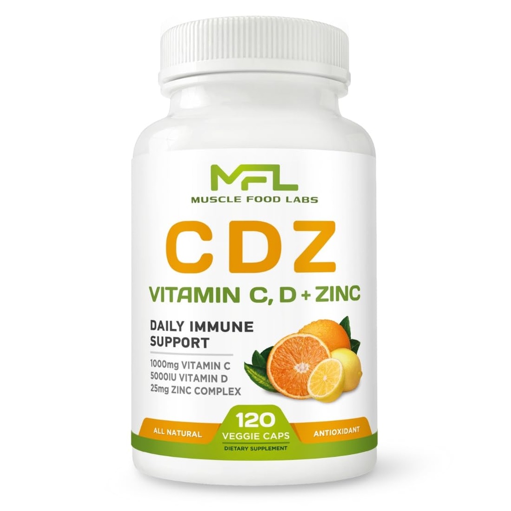 | C D Z | 비타민 C, 1000mg | 비타민 D3, 125mcg | 아연, 25mg | 비 GMO & 글루텐 프리 | 120 채식 캡슐 | 120 서빙